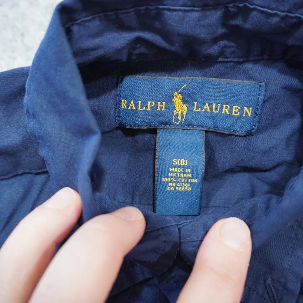 Ralph Lauren Boys Size 8 Navy Blue Short Sleeve Button Down Shirt Pony Logo